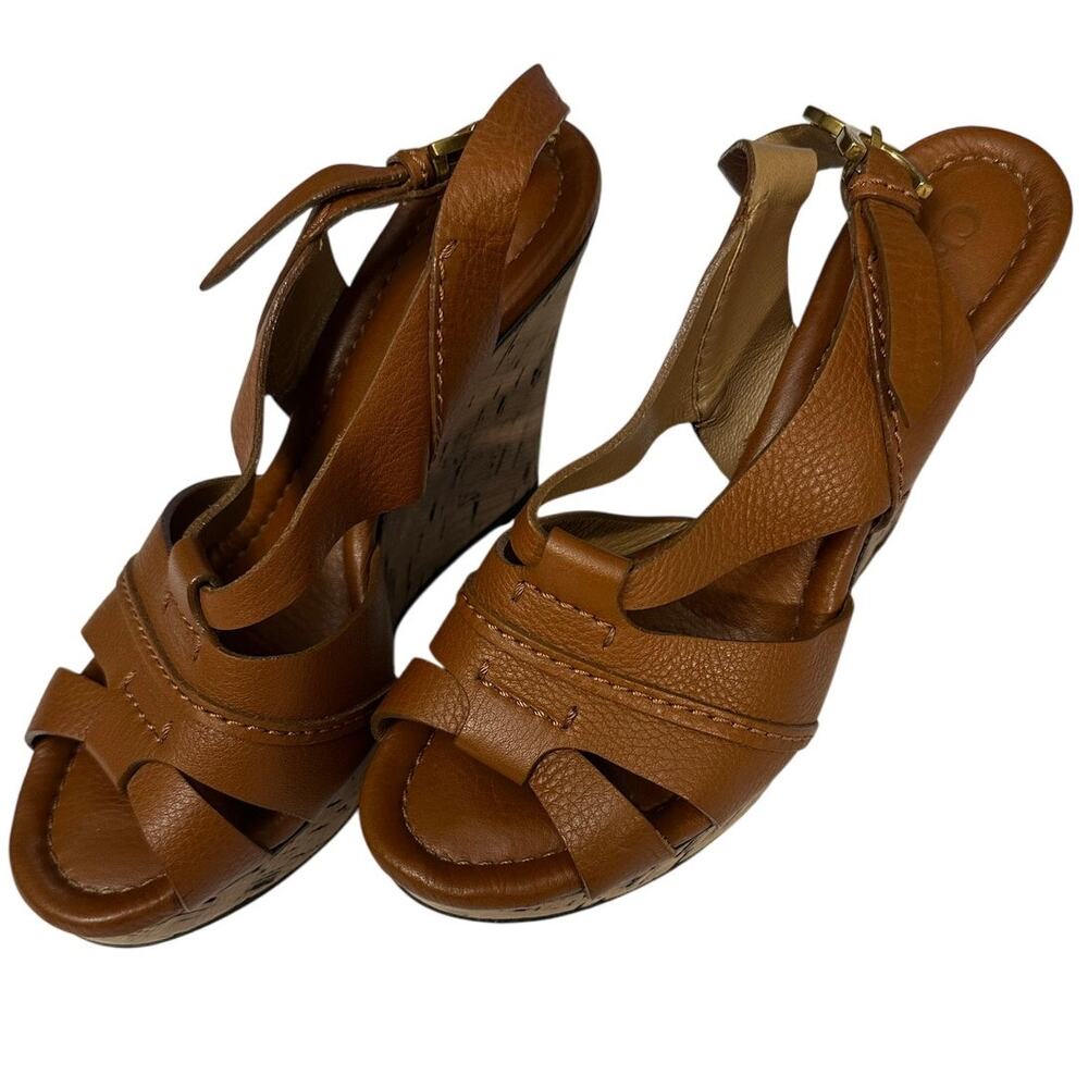 Chloe Brown Platform Sandals Leather Ankle Strap Cork Wedge - Picture 3 of 10